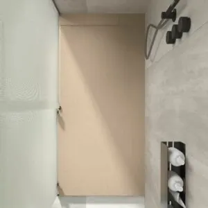 Piatto doccia in resina PLASTER moka – RAL 1019 – texture ardesia – antibatterico e antiscivolo. griglia nascosta