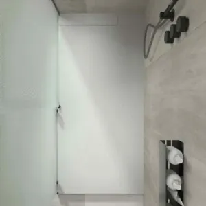 Piatto doccia in resina PLASTER Arena – RAL 7035 – texture ardesia – antibatterico e antiscivolo. griglia nascosta