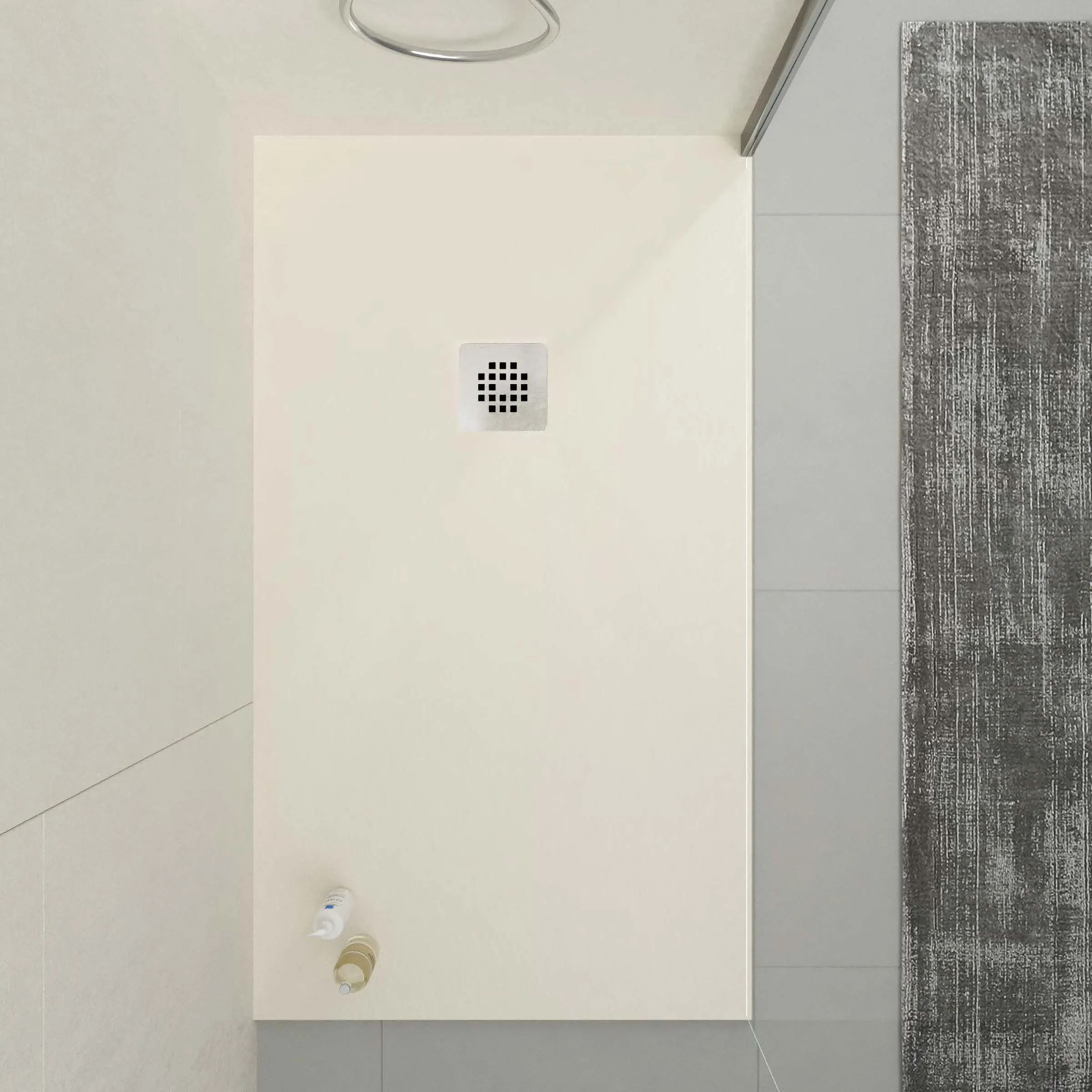 Piatto doccia in resina ONE Off White RAL 9001 e altri colori con texture ardesia antibatterica e antiscivolo. griglia in acciaio inox