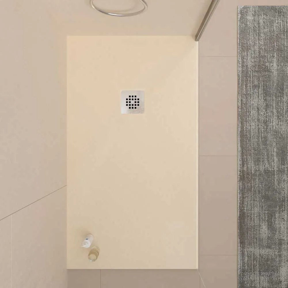 Piatto doccia in resina ONE Bianco Avorio RAL 1015 e altri colori con texture ardesia antibatterica e antiscivolo. griglia in acciaio inox
