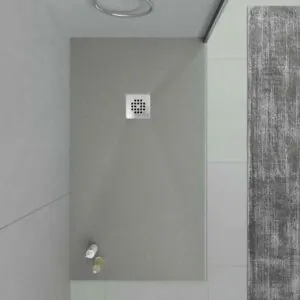 Piatto doccia in resina ONE Grigio Cemento RAL 7005 e altri colori con texture ardesia antibatterica e antiscivolo. griglia in acciaio inox