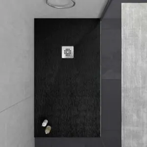 Piatto doccia in resina ONE Nero RAL 9005 e altri colori con texture ardesia antibatterica e antiscivolo. griglia in acciaio inox