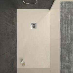 Piatto doccia in resina ONE Crema RAL 1013 e altri colori esclusivi con texture ardesia antibatterica e antiscivolo. griglia in acciaio inox