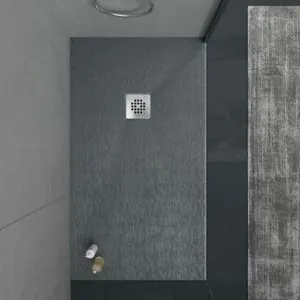 Piatto doccia in resina ONE Grigio Antracite RAL 7016 e altri colori con texture ardesia antibatterica e antiscivolo. griglia in acciaio inox