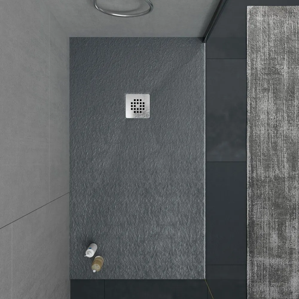 Piatto doccia in resina ONE Grigio Antracite RAL 7016 e altri colori con texture ardesia antibatterica e antiscivolo. griglia in acciaio inox