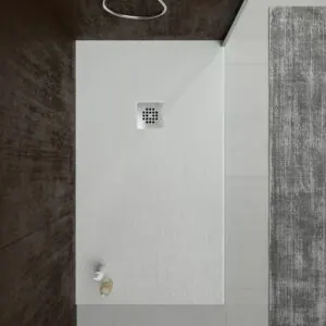 Piatto doccia in resina ONE Arena RAL 7035 e altri colori esclusivi con texture ardesia antibatterica e antiscivolo. griglia in acciaio inox