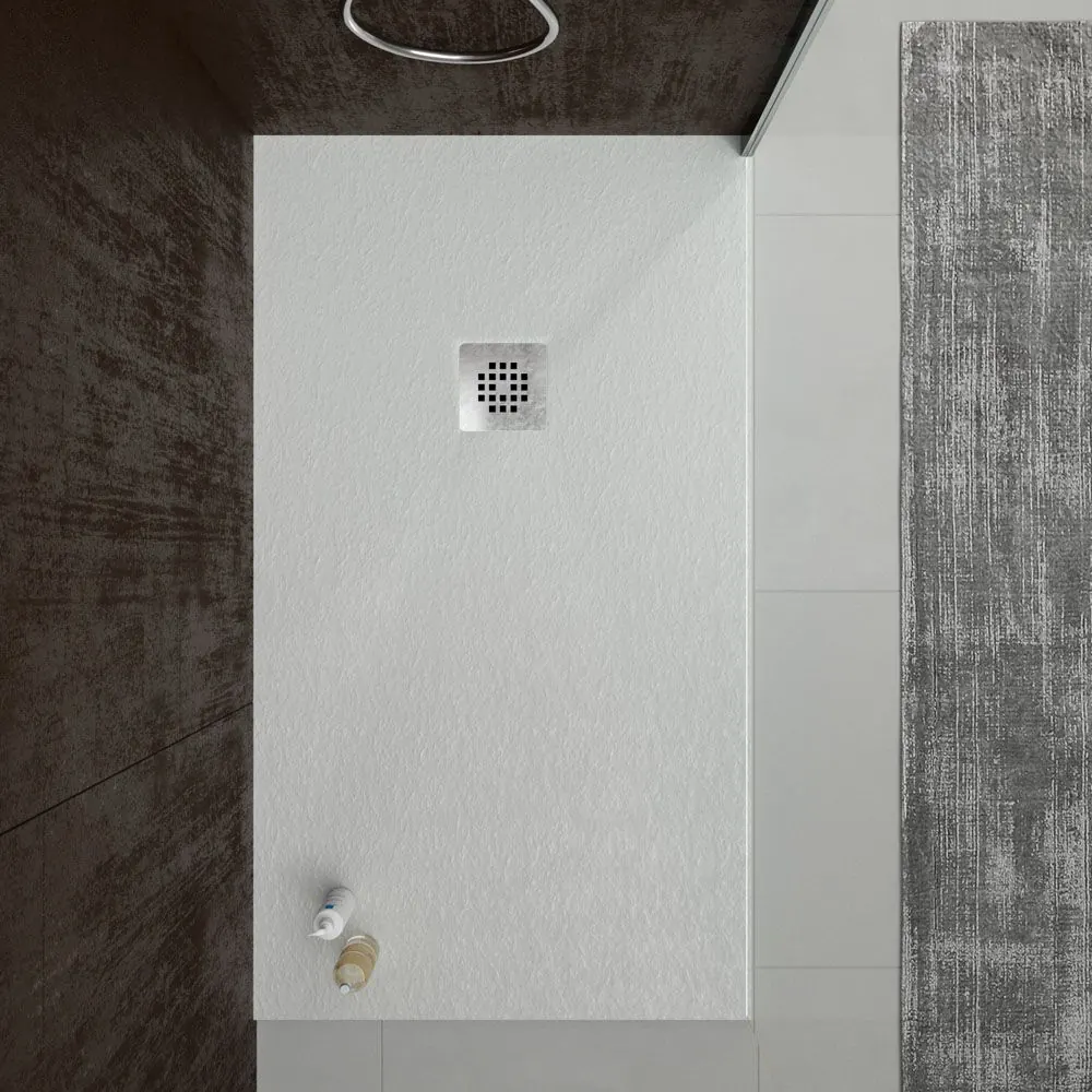 Piatto doccia in resina ONE Arena RAL 7035 e altri colori esclusivi con texture ardesia antibatterica e antiscivolo. griglia in acciaio inox