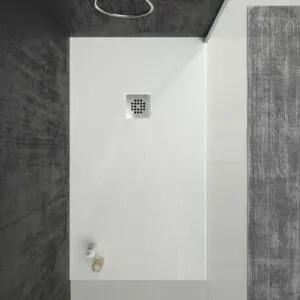 Piatto doccia in resina ONE Bianco RAL 9003 e altri colori con texture ardesia antibatterica e antiscivolo. griglia in acciaio inox