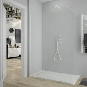 Parete doccia fissa Profilo ZEN Matte White – Vetro 8 MM con trattamento anticalcare incluso- Braccio di fissaggio in acciaio inox. estensibile. - 70x200 cm.