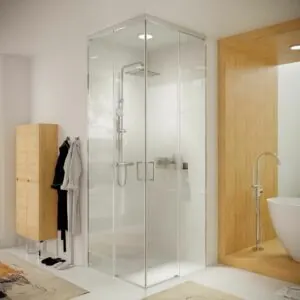 TECH HIGH parete doccia quadrata 2 fissa – 2 ante scorrevoli in vetro 8 mm. ACCIAIO INOX realizzato a soffitto