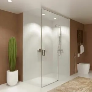TECH HIGH parete doccia rettangolare 1 fissa – 1 anta scorrevole + 1 fissa vetro 8 mm. ACCIAIO INOX Fabbrica a soffitto