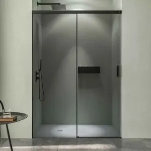 Cabina doccia TECH STEEL 1 frontale fisso – 1 anta scorrevole Parsol Grey – Acciaio Inox NERO OPACO