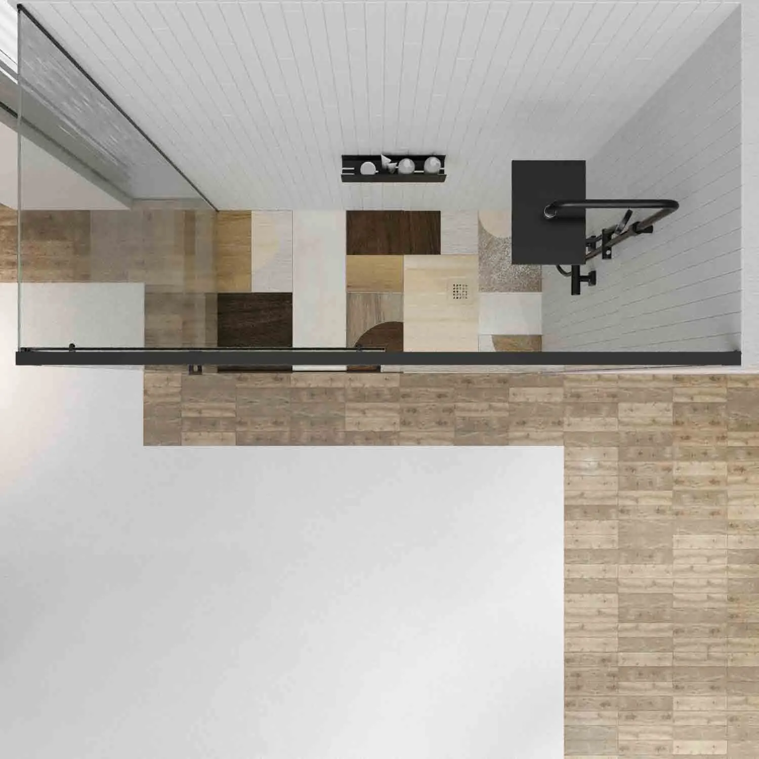 Parete doccia TECH HIGH rettangolare a soffitto 1 fissa – 1 anta scorrevole + 1 vetro fisso da 8 mm. Finitura ACCIAIO INOX NERO OPACO - immagine 2