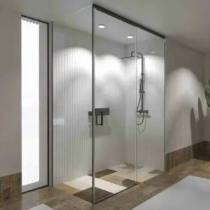 Parete doccia TECH HIGH rettangolare a soffitto 1 fissa – 1 anta scorrevole + 1 vetro fisso da 8 mm. Finitura ACCIAIO INOX NERO OPACO