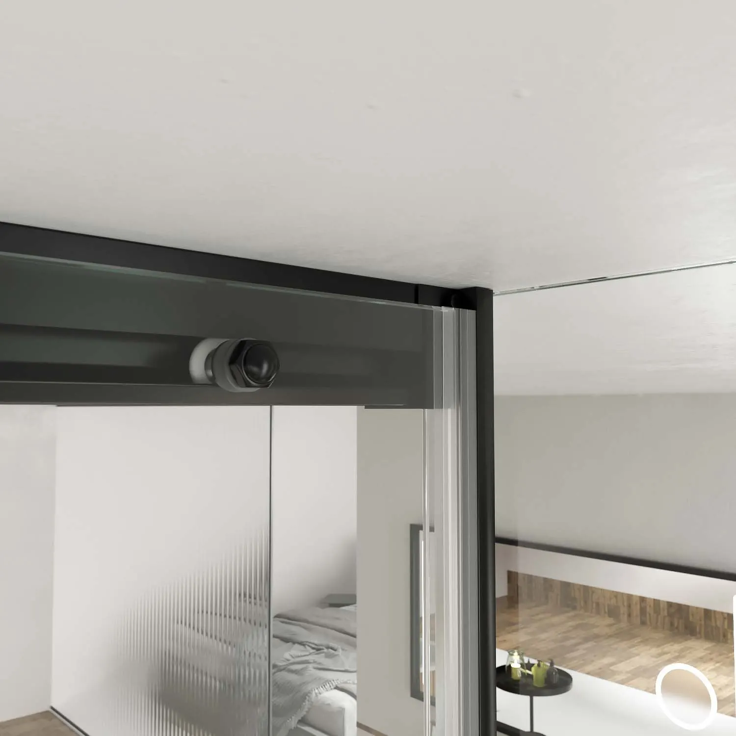 Parete doccia TECH HIGH rettangolare a soffitto 1 fissa – 1 anta scorrevole + 1 vetro fisso da 8 mm. Finitura ACCIAIO INOX NERO OPACO - immagine 5