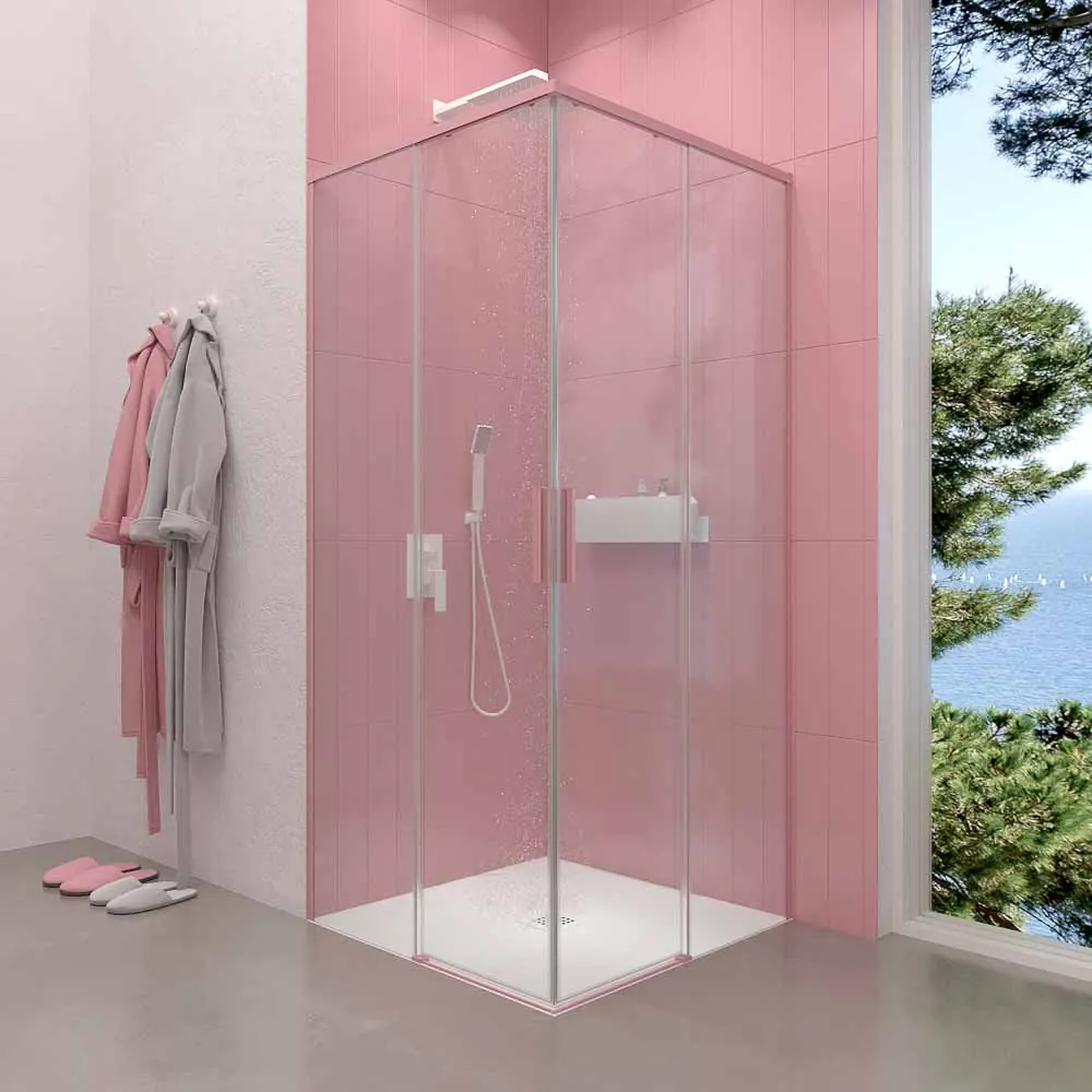 NEXO parete doccia quadrata apertura angolare 2 ante fisse-2 scorrevoli finitura PALO PINK