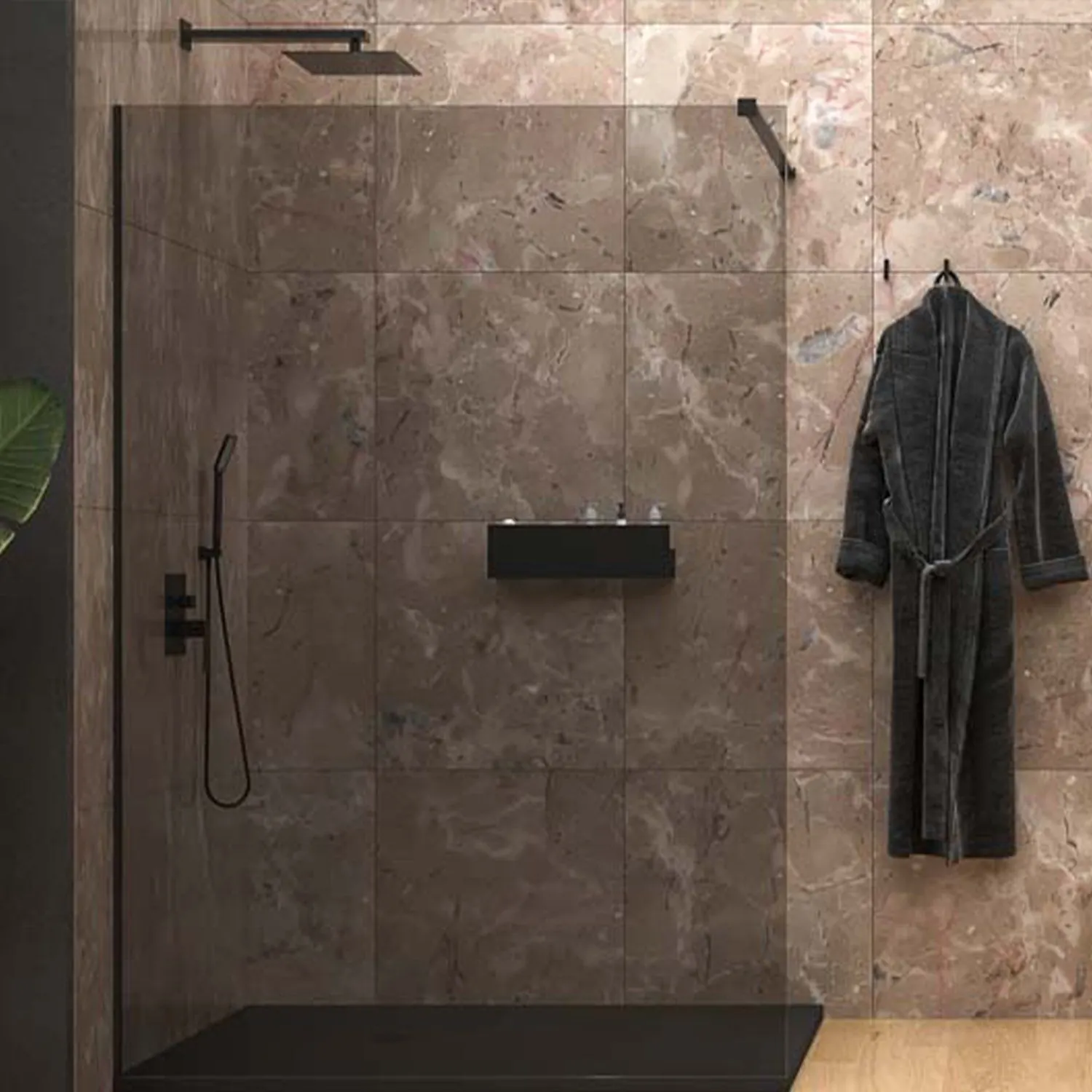 Parete doccia fissa profilo inox ZEN MATT BLACK – 10 MM Parsol GREY vetro con trattamento anticalcare incluso