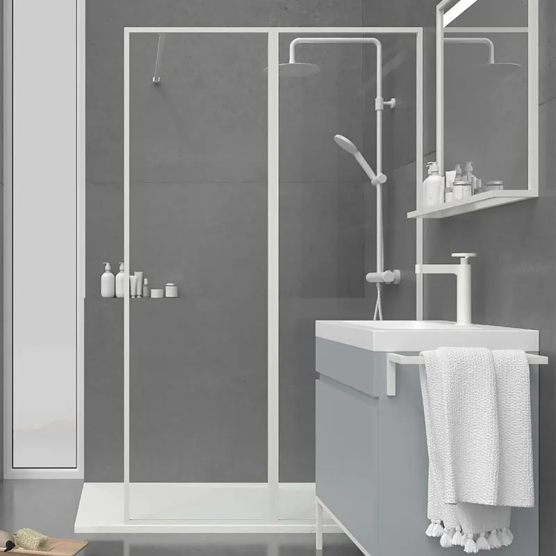 Parete doccia fissa su misura LINE con profili intelaiati 2 corpi – Vetro 4 MM con trattamento anticalcare incluso- Braccio di fissaggio in acciaio inox. - immagine 2