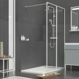 Parete doccia fissa su misura LINE con profili intelaiati 2 corpi – Vetro 4 MM con trattamento anticalcare incluso- Braccio di fissaggio in acciaio inox.