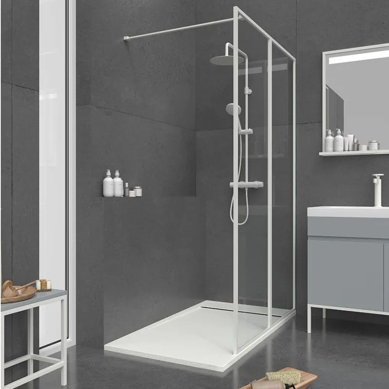 Parete doccia fissa su misura LINE con profili intelaiati 2 corpi – Vetro 4 MM con trattamento anticalcare incluso- Braccio di fissaggio in acciaio inox. - immagine 3
