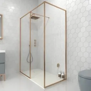 Parete doccia fissa su misura LINE con profili intelaiati a 2 sezioni – Incluso vetro 4 MM con trattamento anticalcare – Braccio di sostegno in acciaio inox