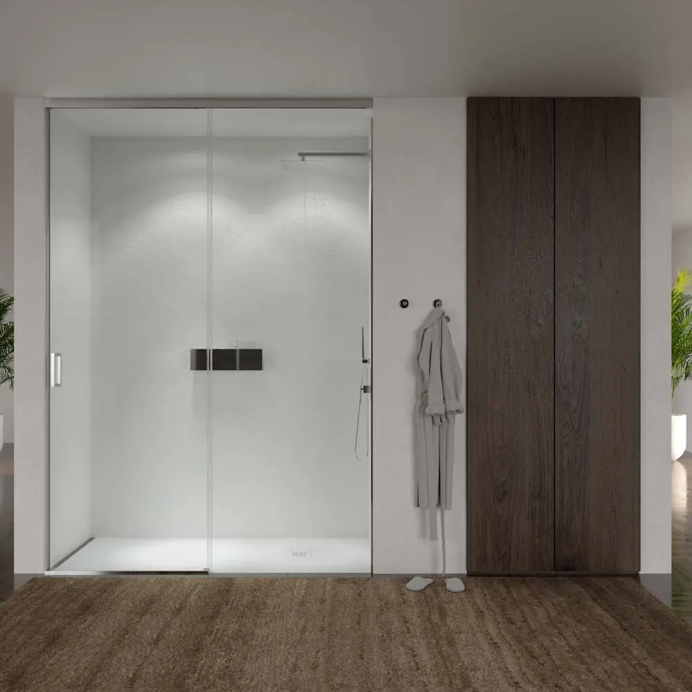 TECH HIGH parete doccia frontale 1 fissa – 1 scorrevole anta in vetro 8 mm. ACCIAIO INOX realizzato a soffitto - immagine 2