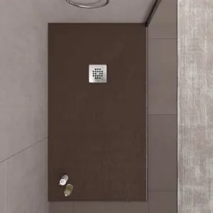 Piatto doccia in resina ONE Brown RAL 8014 e altri colori esclusivi con texture ardesia antibatterica e antiscivolo. griglia in acciaio inox