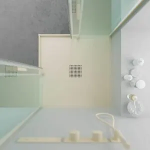 Piatto doccia in resina QUADRO Cream – colori a scelta – texture ardesia – antibatterico e antiscivolo. Griglia termolaccata