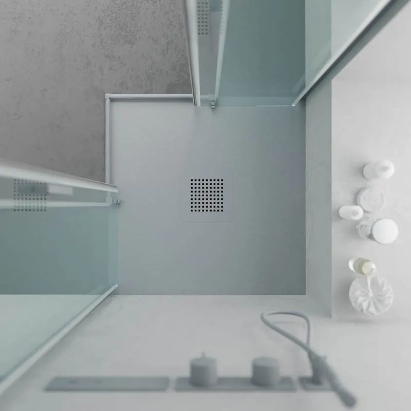 Piatto doccia QUADRO in resina Grigio Cemento – colori a scelta – texture ardesia – antibatterico e antiscivolo. Griglia termolaccata