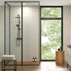 LINE Apparecchio doccia a soffitto con profili intelaiati a 3 sezioni – Vetro 4 MM con trattamento anticalcare incluso- Braccio di fissaggio in acciaio inox