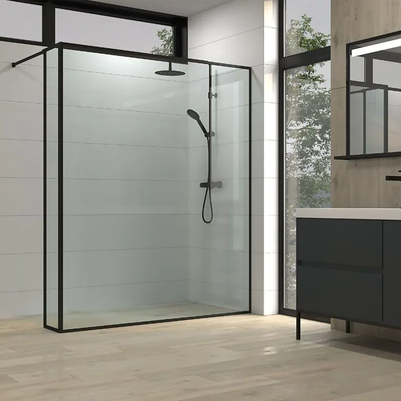 Parete doccia fissa su misura LINE con profili extra intelaiati 2 corpi - Vetro 4 MM con trattamento anticalcare incluso - Braccio di fissaggio in acciaio inox - immagine 3