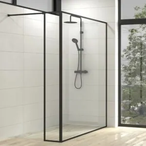 Parete doccia fissa su misura LINE con profili extra intelaiati 2 corpi - Vetro 4 MM con trattamento anticalcare incluso - Braccio di fissaggio in acciaio inox