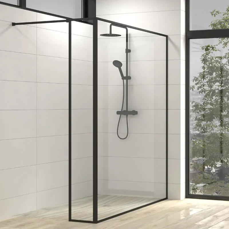 Parete doccia fissa su misura LINE con profili extra intelaiati 2 corpi - Vetro 4 MM con trattamento anticalcare incluso - Braccio di fissaggio in acciaio inox