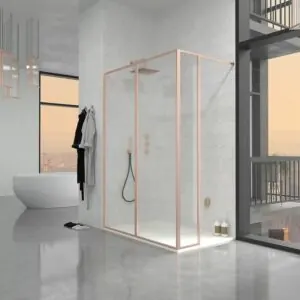 Parete doccia fissa su misura LINE XL con profili intelaiati 3 corpi - Vetro 4 MM con trattamento anticalcare incluso - Braccio di sostegno in acciaio inox