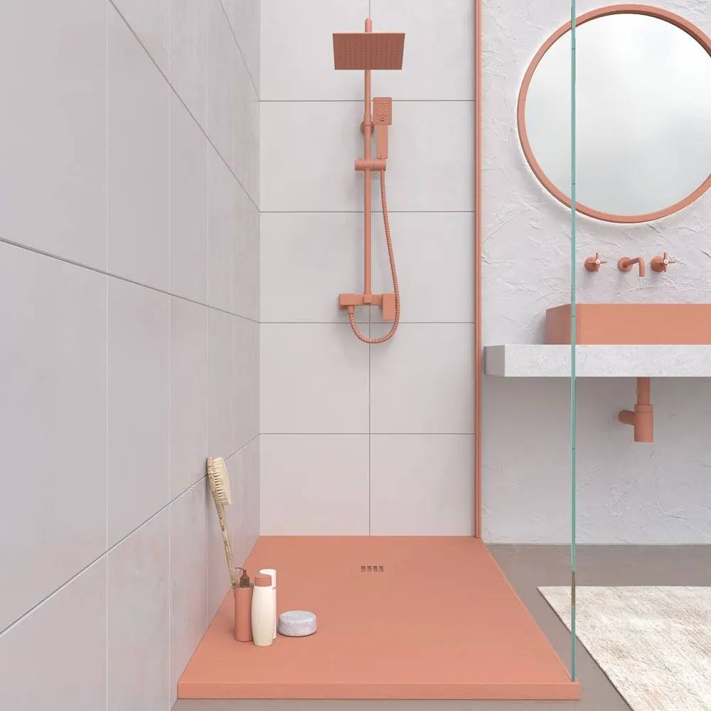 Piatto doccia in resina CLOE Flamingo pink e altri colori esclusivi dalla texture ardesia antibatterica e antiscivolo. Griglia termolaccata - immagine 2
