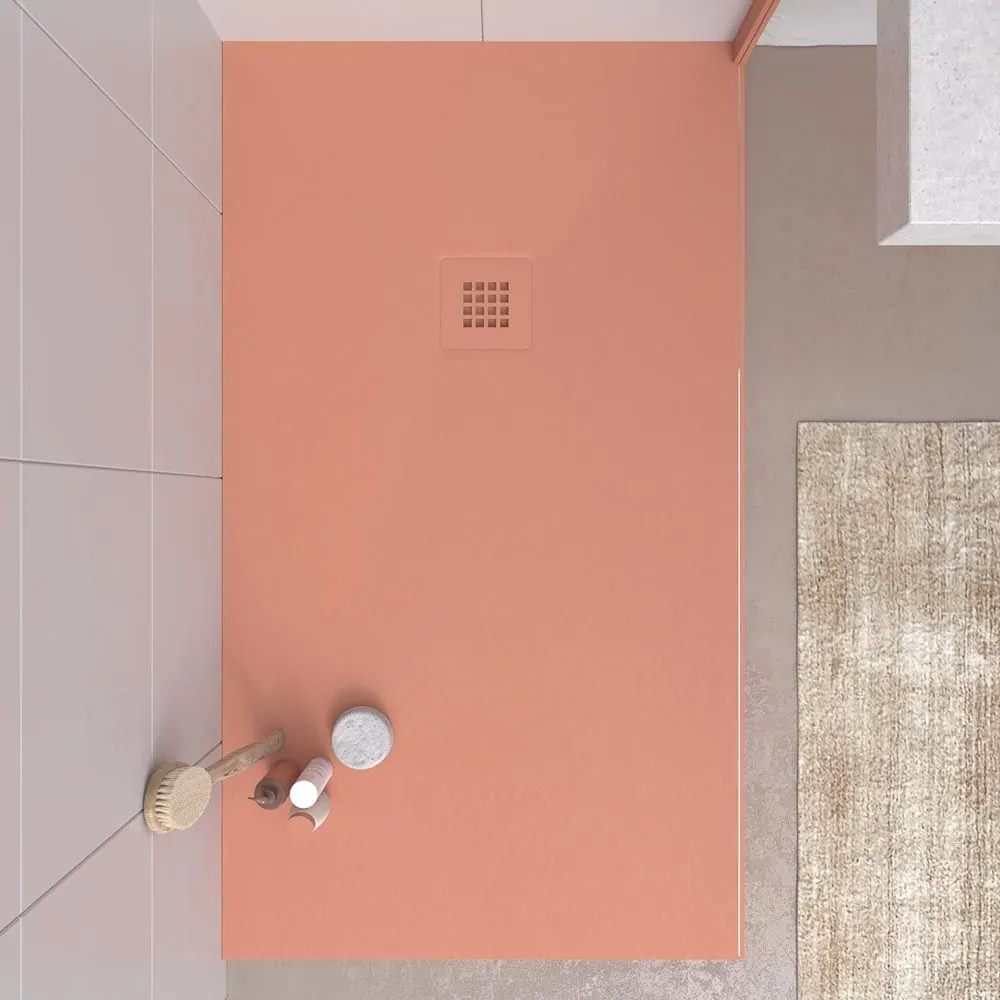 Piatto doccia in resina CLOE Flamingo pink e altri colori esclusivi dalla texture ardesia antibatterica e antiscivolo. Griglia termolaccata