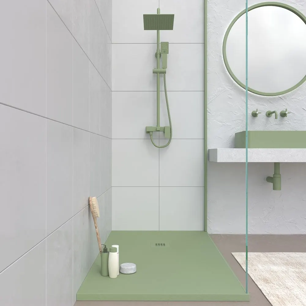 Piatto doccia CLOE in resina verde oliva e altri colori esclusivi con texture ardesia antibatterica e antiscivolo. Griglia termolaccata - immagine 2