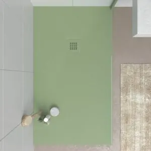Piatto doccia CLOE in resina verde oliva e altri colori esclusivi con texture ardesia antibatterica e antiscivolo. Griglia termolaccata