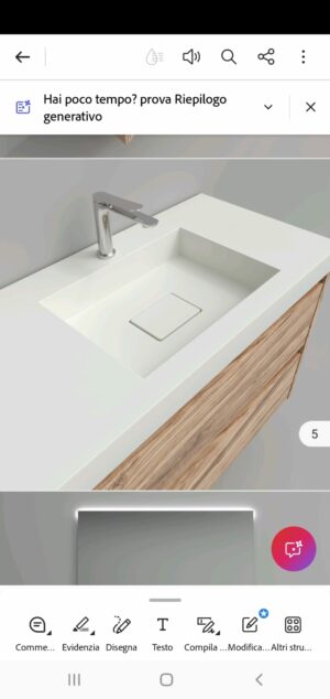 Mรณvel de casa de banho suspenso com 4 gavetas, madeira de oliveira, 130 cm - Lavatรณrio de superfรญcie sรณlida ร sinistra - Espelho 130x80 com iluminaรงรฃo traseira Top-Down - Pannello 222x68,5 legno d'ulivo