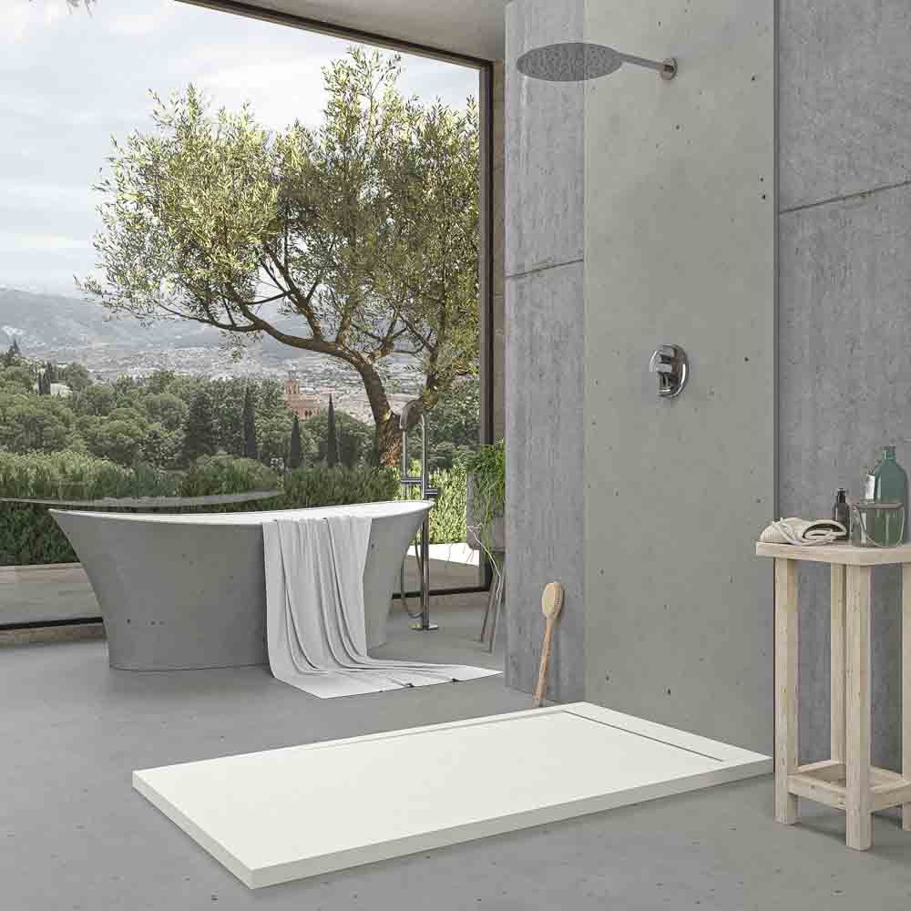 Piatto doccia in resina con cornice URBANSTONE Bianco RAL 9003, texture ardesia, antibatterico e antiscivolo. Colori a scelta. Griglia nascosta - immagine 3