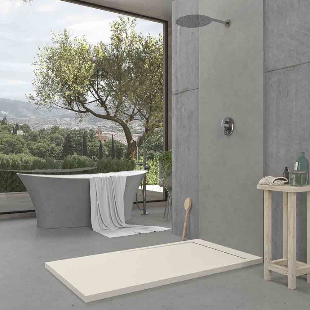 Piatto doccia in resina con cornice URBANSTONE Bianco Panna RAL 9001, texture ardesia, antibatterico e antiscivolo. Colori a scelta. Griglia nascosta - immagine 3