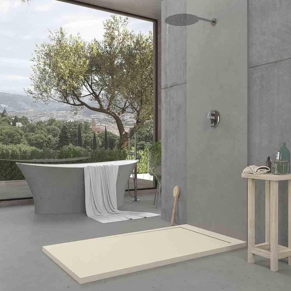 Piatto doccia in resina con cornice URBANSTONE Crema RAL 1013, texture ardesia, antibatterico e antiscivolo. Colori a scelta. Griglia nascosta - immagine 3