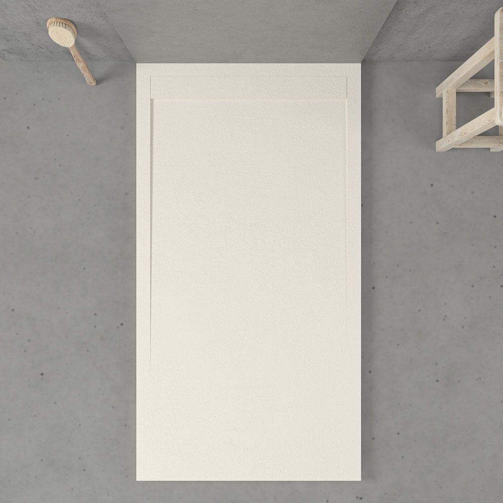 Piatto doccia in resina con cornice URBANSTONE Bianco Panna RAL 9001, texture ardesia, antibatterico e antiscivolo. Colori a scelta. Griglia nascosta