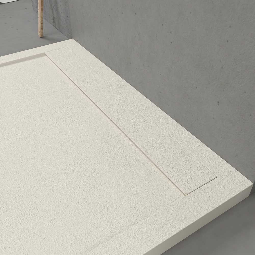 Piatto doccia in resina con cornice URBANSTONE Bianco Panna RAL 9001, texture ardesia, antibatterico e antiscivolo. Colori a scelta. Griglia nascosta - immagine 4