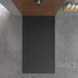 Piatto doccia in resina STYLE – colore nero RAL-9005 e altri – texture ardesia – antibatterico e antiscivolo. griglia nascosta