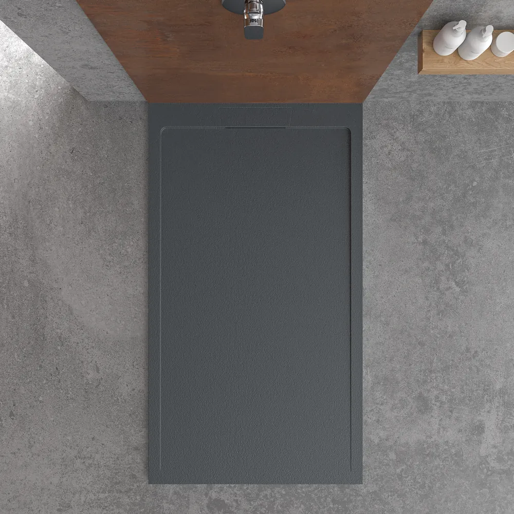 Piatto doccia in resina STYLE – grigio antracite RAL-7016 e altri – texture ardesia – antibatterico e antiscivolo. griglia nascosta