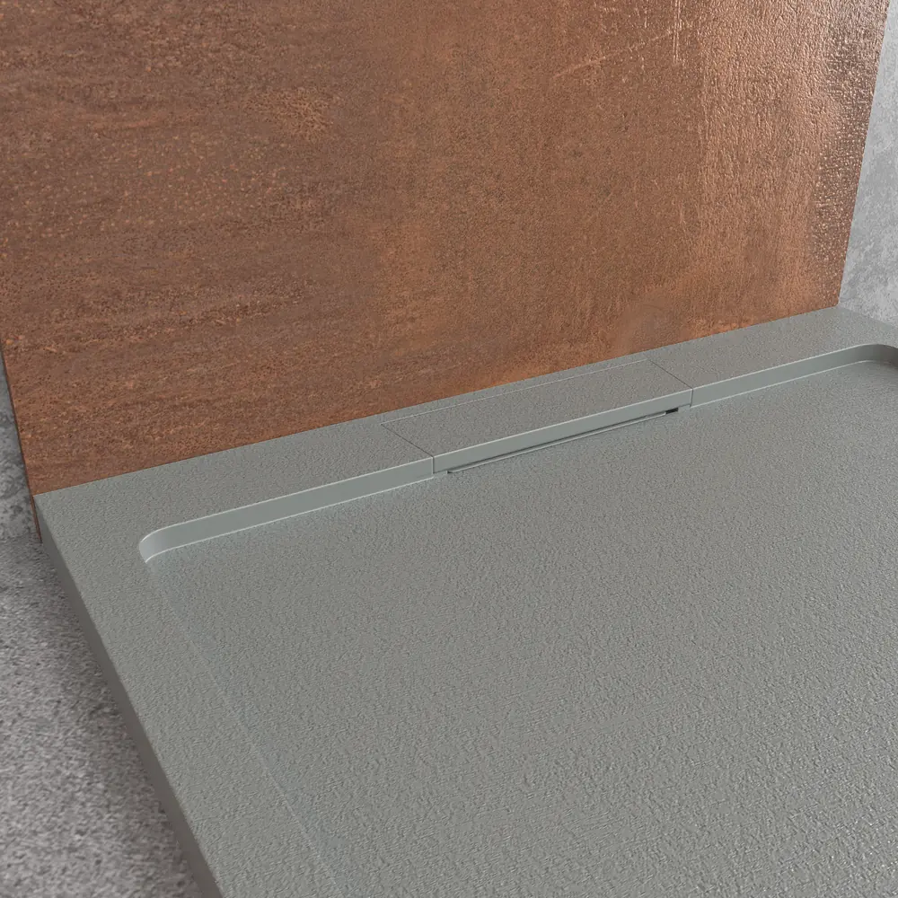 Piatto doccia STYLE in resina – colore grigio cemento RAL-7005 e altri – texture ardesia – antibatterico e antiscivolo. griglia nascosta - immagine 4