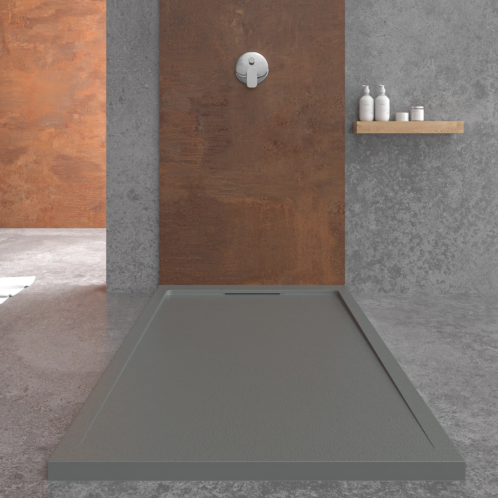 Piatto doccia STYLE in resina – colore grigio cemento RAL-7005 e altri – texture ardesia – antibatterico e antiscivolo. griglia nascosta - immagine 3
