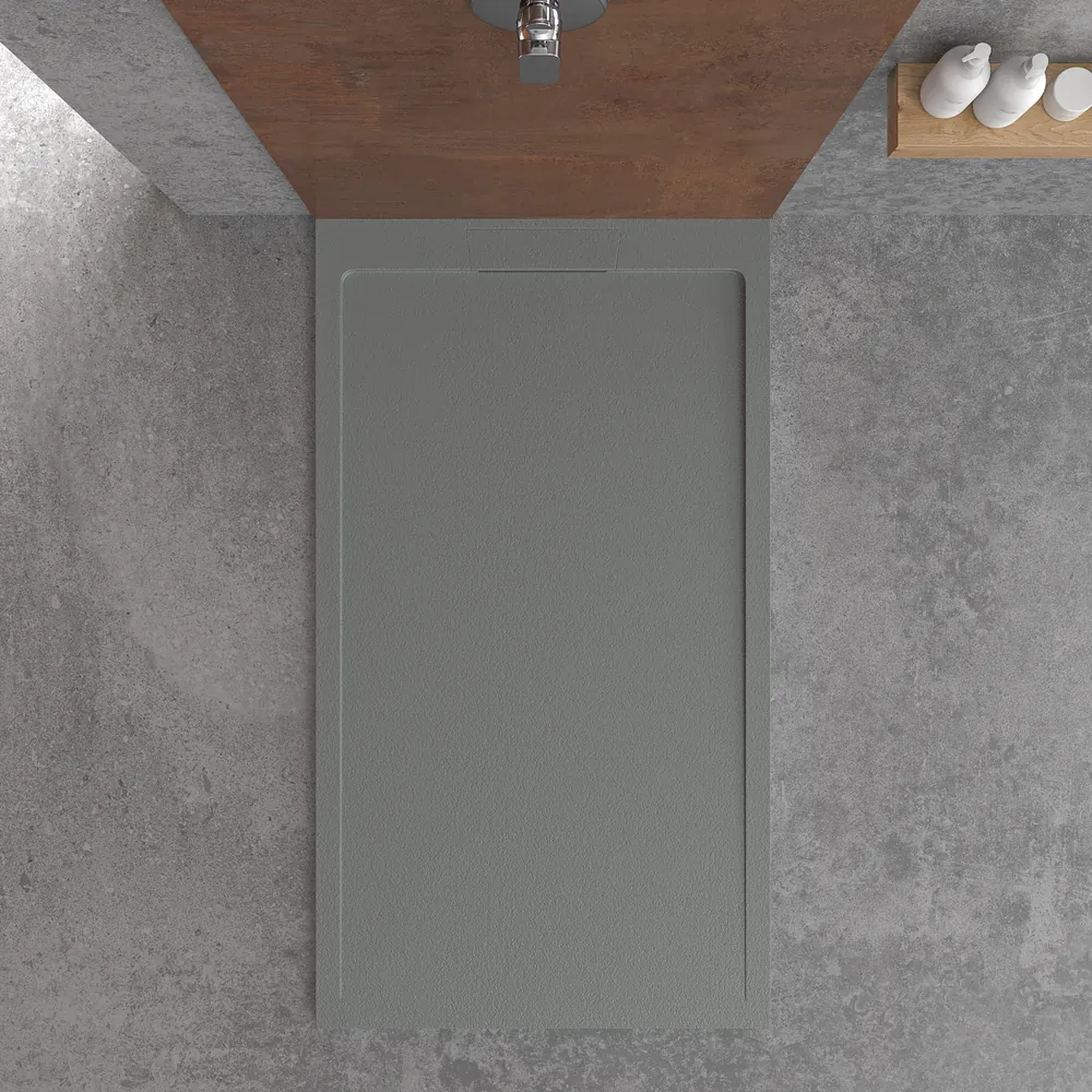 Piatto doccia STYLE in resina – colore grigio cemento RAL-7005 e altri – texture ardesia – antibatterico e antiscivolo. griglia nascosta