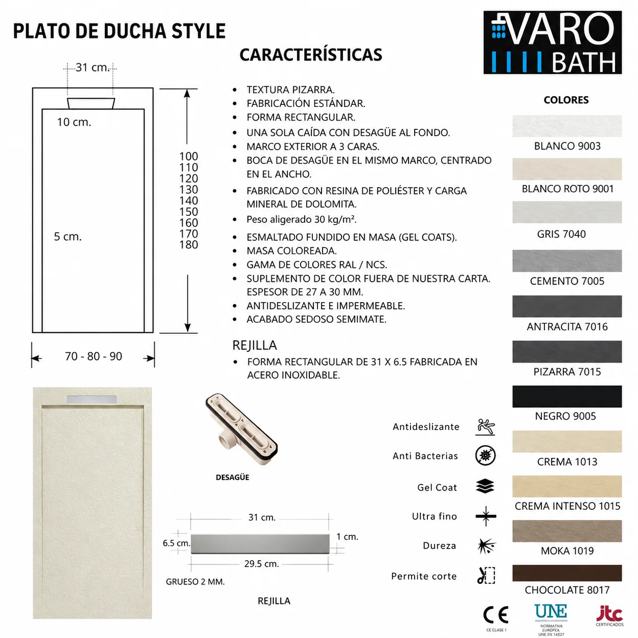 Piatto doccia in resina STYLE – Colore bianco panna RAL-9001 e altri – texture ardesia – antibatterico e antiscivolo. griglia nascosta - immagine 7